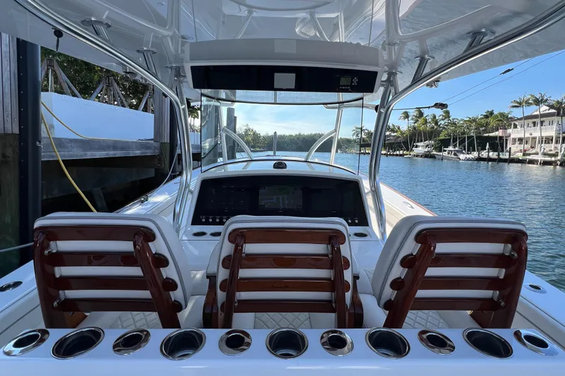 Slide: The Image of 2021 Valhalla Boatworks V-41 cockpit with luxurious seating and water view. - 5