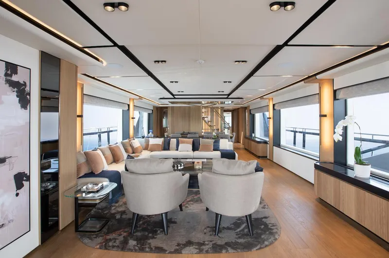 Slide: The Image of Luxurious interior of 2026 Majesty 111 yacht with modern seating and elegant decor. - 17