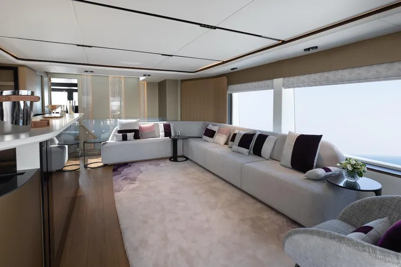 Slide: The Image of Luxurious interior of 2026 Majesty 111 yacht with elegant seating and modern decor. - 19