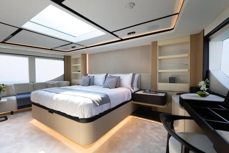 Slide: The Image of Luxurious bedroom interior of 2026 Majesty 111 yacht with modern design and skylight. - 30