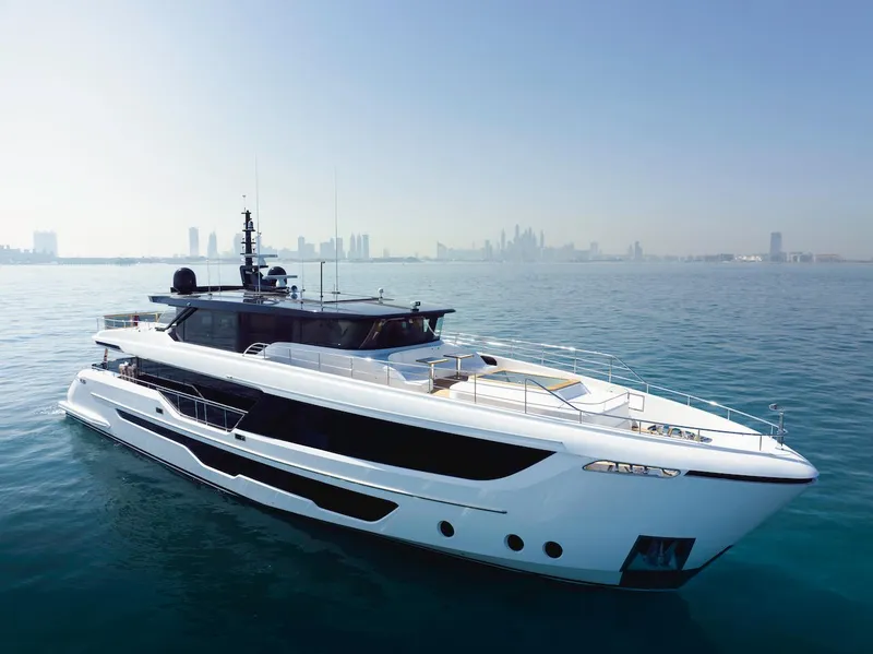Slide: The Image of Luxury Majesty 111 yacht cruising in open sea, 2026 model. - 6