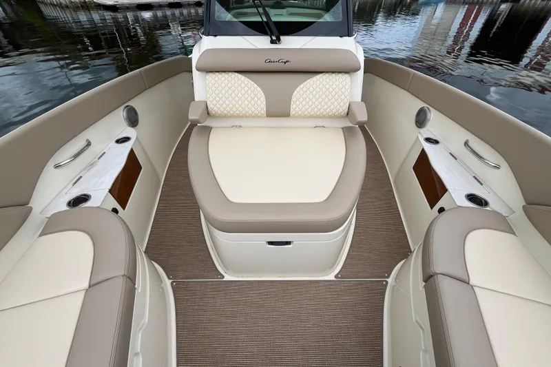 Slide: The Image of 2025 Chris-Craft Catalina 28 interior with luxurious seating and elegant design. - 25