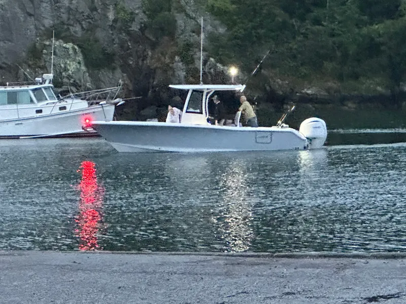 Slide: The Image of 2024 Sea Hunt Ultra 265 SE boat on calm water near rocky shoreline. - 27