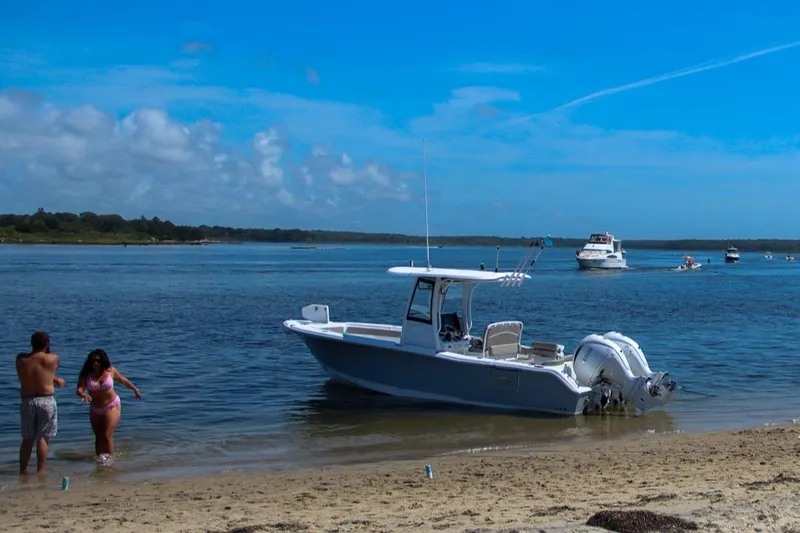 Slide: The Image of 2024 Sea Hunt Ultra 265 SE boat anchored on a sunny beach with people nearby. - 28
