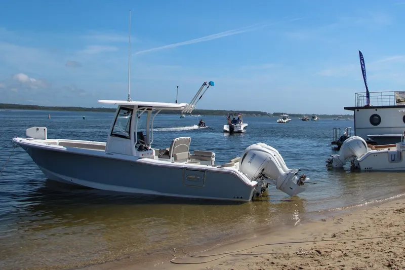 Slide: The Image of 2024 Sea Hunt Ultra 265 SE boat docked on sandy beach, calm waters in background. - 4