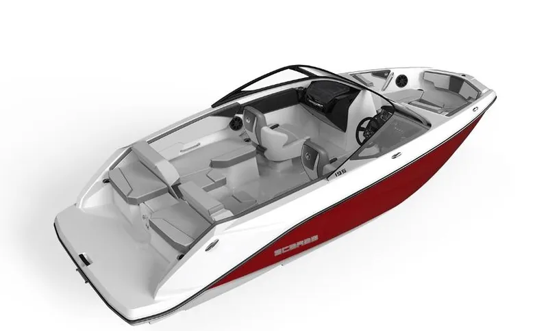 Slide: The Image of 2025 Scarab 195 SE boat, red and white, sleek design, spacious seating. - 25