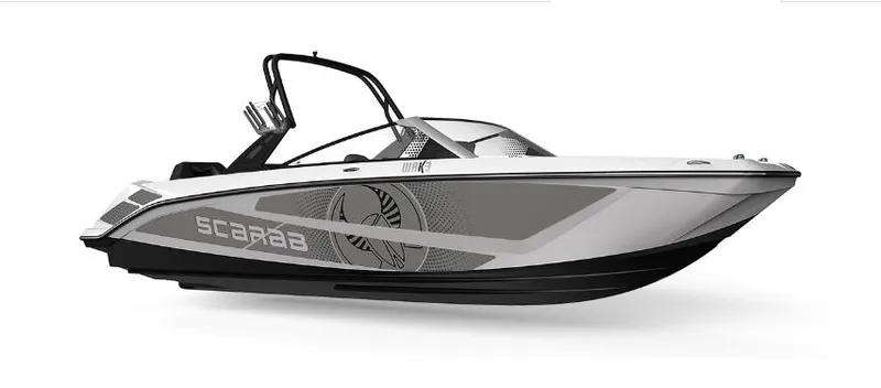 Slide: The Image of 2025 Scarab 235 LX Wake boat, sleek design, side view. - 26
