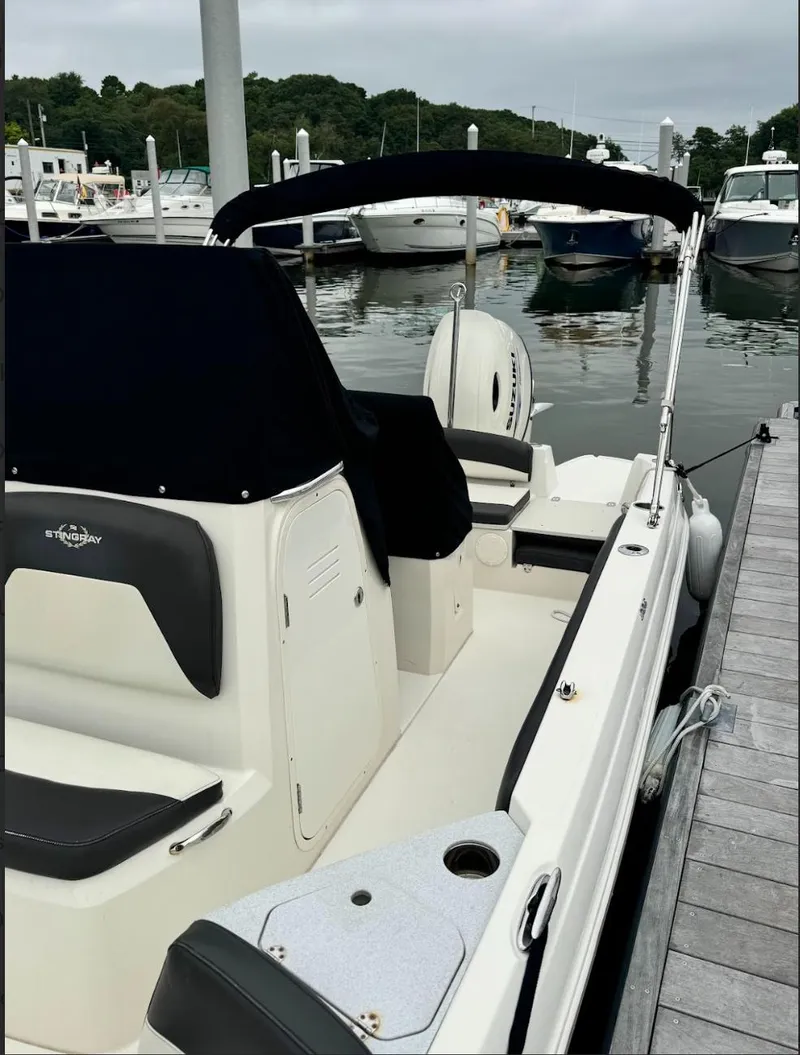 Slide: The Image of 2018 Stingray 206 CC boat docked at a marina with other boats. - 7
