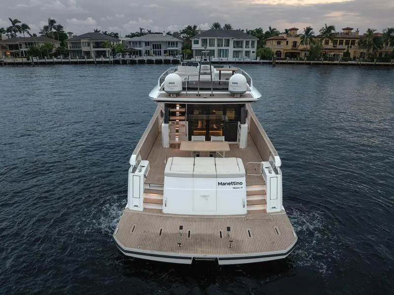 Slide: The Image of 2022 Pardo Yachts E60 luxury yacht on water, rear view with elegant design. - 17