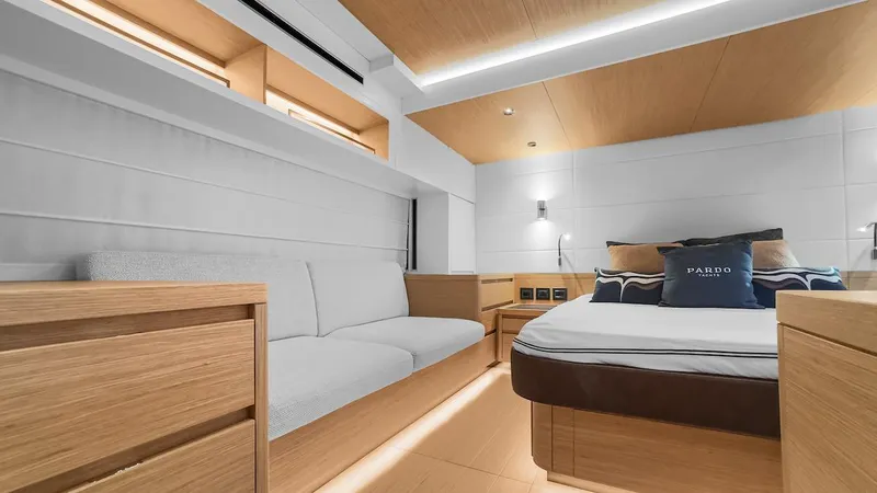 Slide: The Image of Luxurious interior of 2022 Pardo Yachts E60, featuring modern design and cozy furnishings. - 49