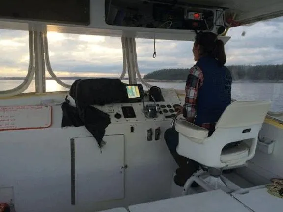 Slide: The Image of Person steering 1978 Marine Management Flybridge boat at sunset. - 7