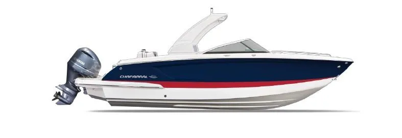 Slide: The Image of 2021 Chaparral 267 SSX OB boat, sleek design, blue and white exterior. - 23