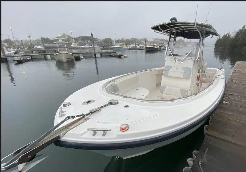 Slide: The Image of 2010 Edgewater 228CC boat docked in a serene marina setting. - 4
