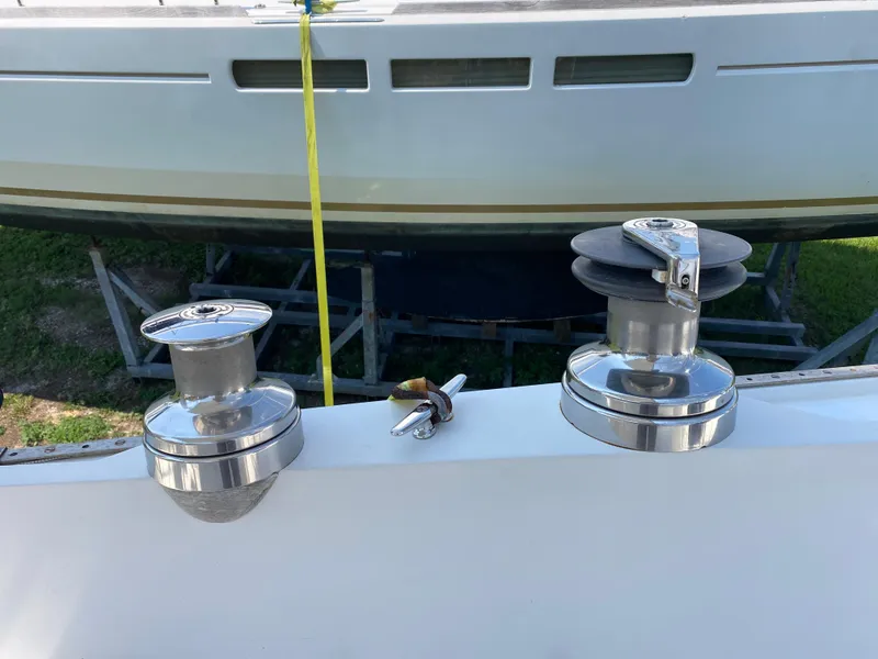 Slide: The Image of Close-up of winches on a 1972 Ericson 39 Flushdeck sailboat. - 24