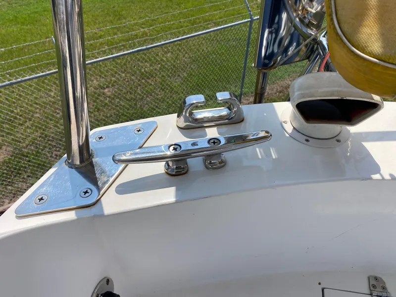 Slide: The Image of Close-up of 1972 Ericson 39 Flushdeck boat deck fittings and cleat. - 26