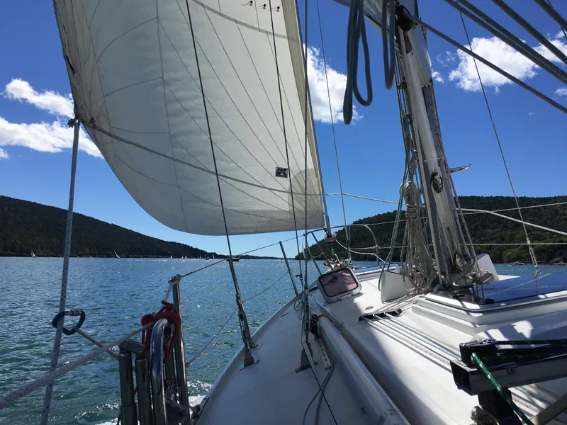 Slide: The Image of Sailing on a 1972 Ericson 39 Flushdeck yacht in a scenic bay. - 3