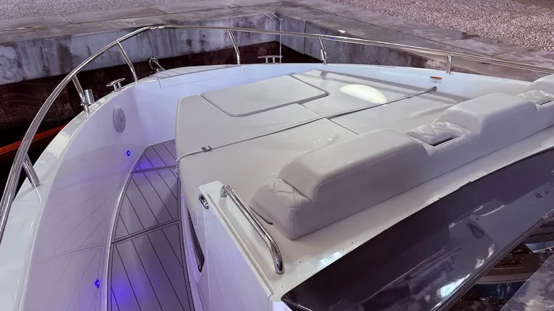 Slide: The Image of Schaefer 375 yacht deck, 2025 model, featuring sleek design and comfortable seating. - 14