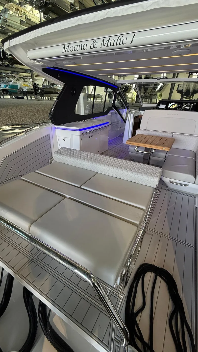 Slide: The Image of Luxurious 2025 Schaefer 375 yacht interior with sleek seating and modern design. - 9
