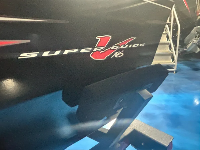 Slide: The Image of 2025 Tracker SG V16 SC boat with Super Guide V16 logo. - 8