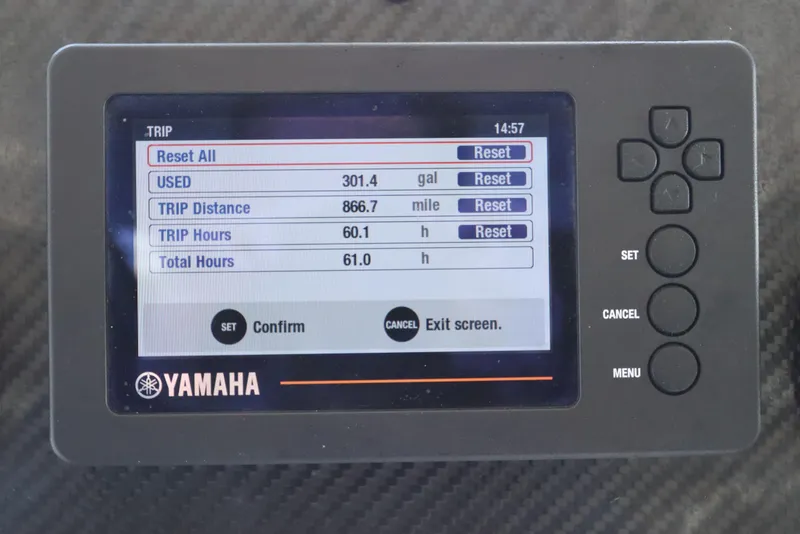 Slide: The Image of Yamaha display showing trip data on 2024 Grady-White Fisherman 216 boat. - 23