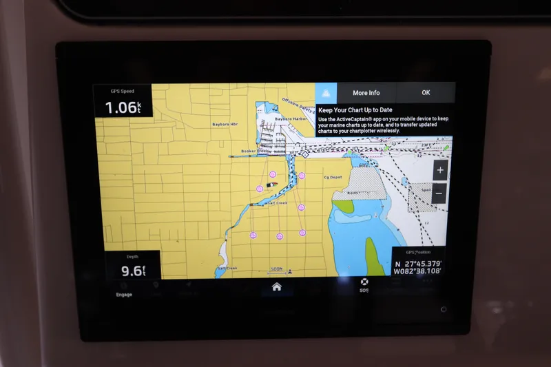 Slide: The Image of Navigation display on 2024 Grady-White Fisherman 216 boat, showing GPS and chart data. - 24