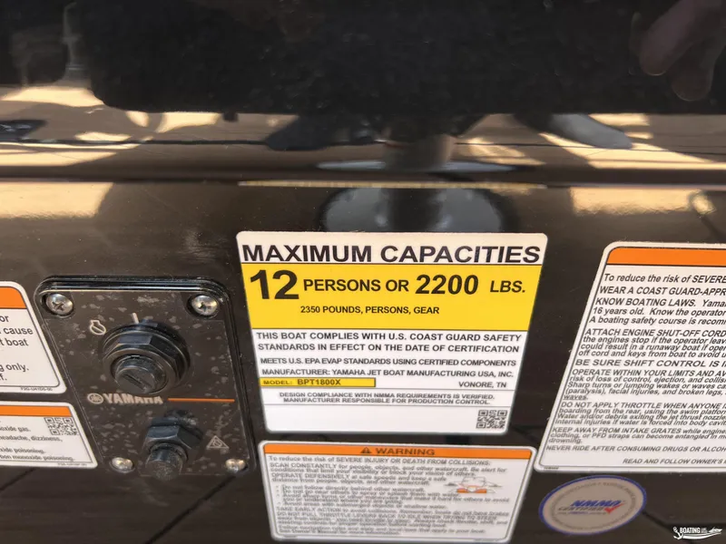Slide: The Image of Yamaha Boats 255XD 2025 capacity label, maximum 12 persons or 2200 lbs. - 25