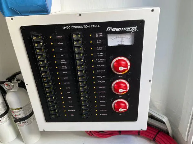 Slide: The Image of Freeman 34VH 2020 12VDC distribution panel with switches and gauges. - 29