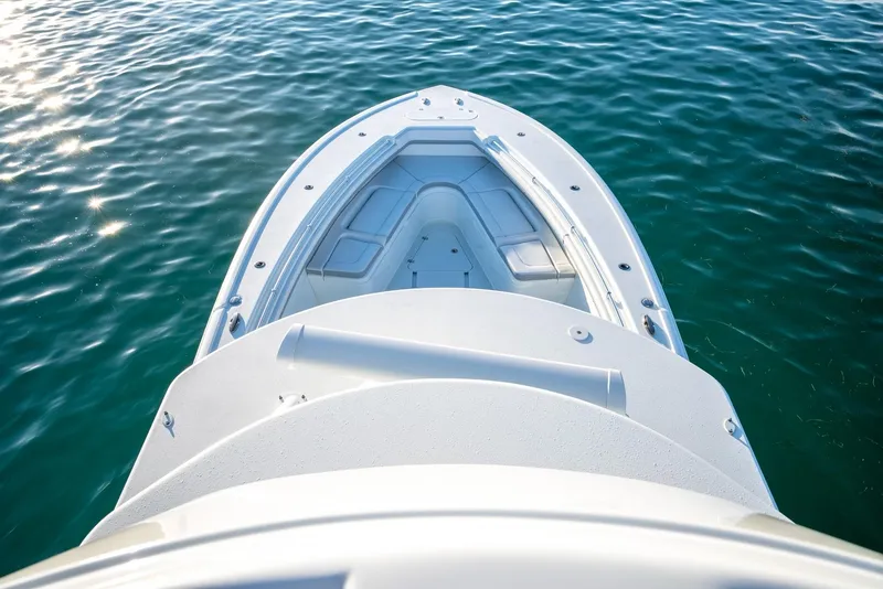 Slide: The Image of Yellowfin 42 boat bow on clear water, 2021 model. - 31