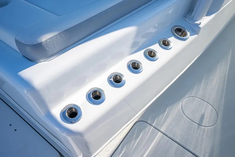 Slide: The Image of Yellowfin 42 boat seating area with cup holders, 2021 model. - 44