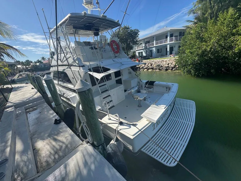 Slide: The Image of 1989 Bertram 50 Convertible yacht docked by a lush waterfront. - 2