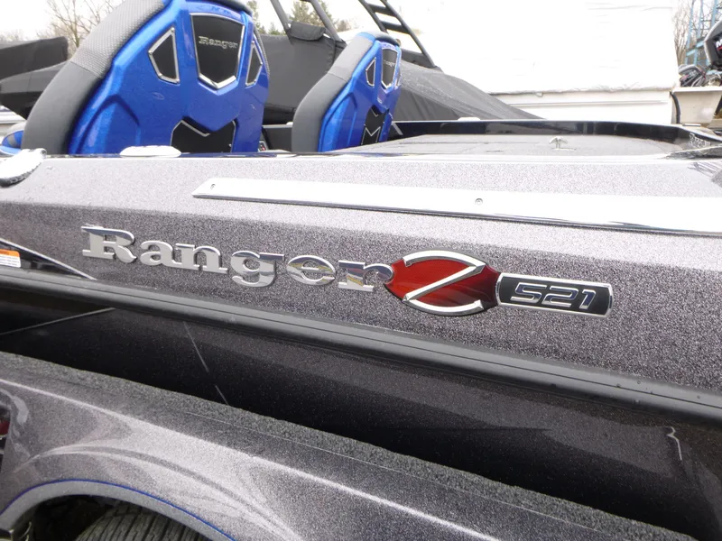 Slide: The Image of 2025 Ranger Z521 boat with dual seats and powerful outboard motor. - 6
