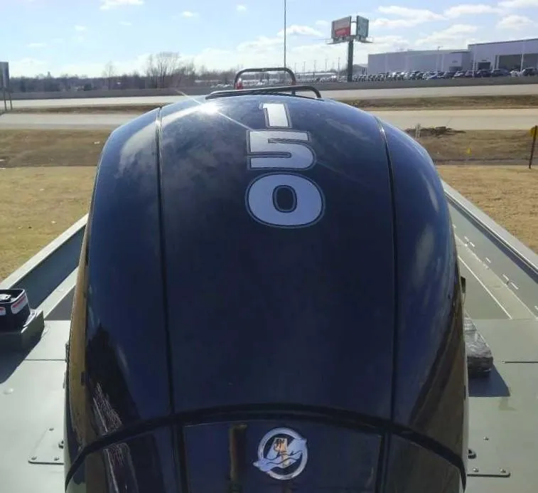 Slide: The Image of Outboard motor on 2025 Tracker Grizzly 2072 CC boat, displaying "150" horsepower. - 3