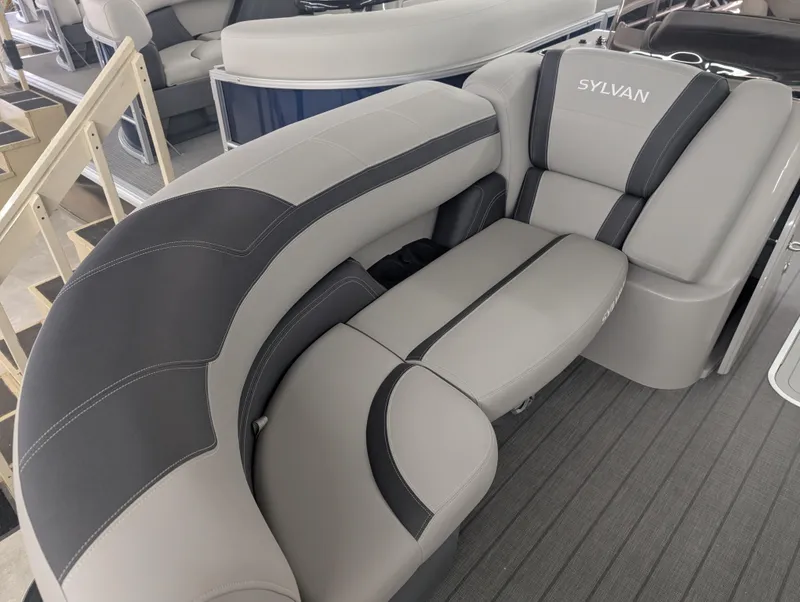 Slide: The Image of 2025 Sylvan L3 DLZ Bar boat interior with sleek, modern seating design. - 3
