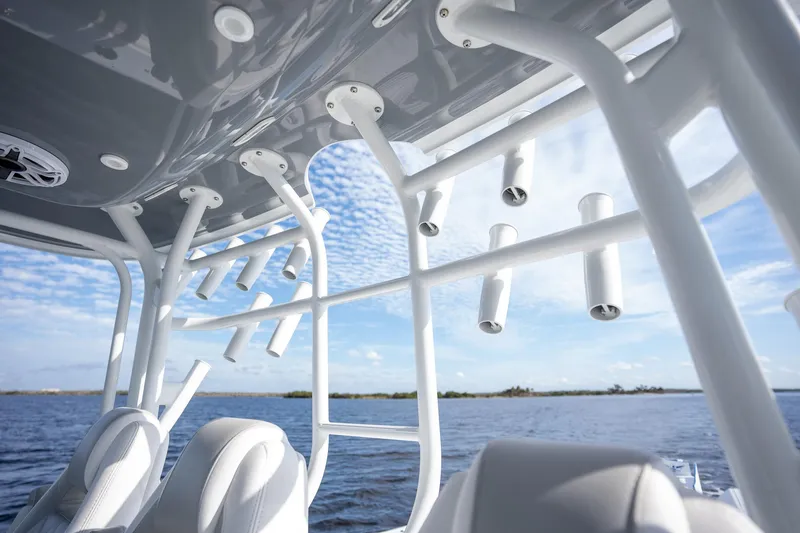 Slide: The Image of Freeman 42 LR boat interior with rod holders, ocean view, 2023 model. - 15