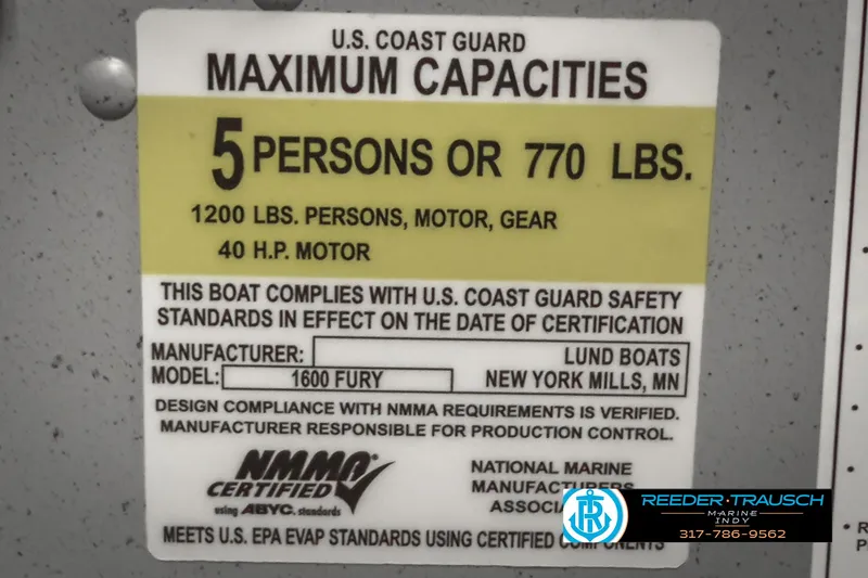 Slide: The Image of Lund 1600 Fury Heritage Edition 2025 boat capacity label, 5 persons or 770 lbs. - 25