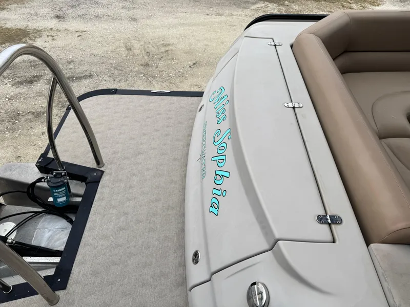 Slide: The Image of 2017 Avalon Catalina Rear J Lounger boat with "Miss Sophia" text on the deck. - 13