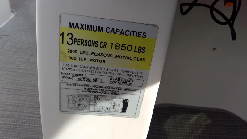Slide: The Image of 2017 Starcraft SCX 240 capacity label: 13 persons or 1850 lbs, 300 HP motor. - 32