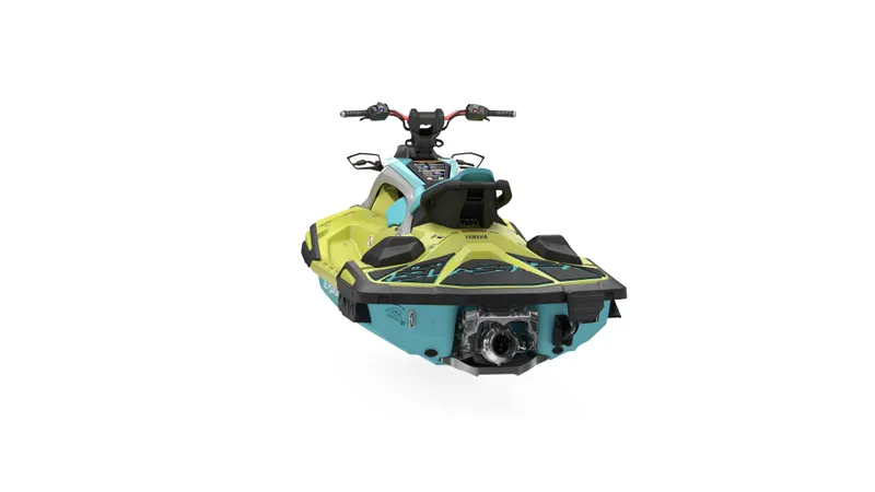 Slide: The Image of 2025 Waverunner JETBLASTER PRO 3UP, vibrant yellow and blue jet ski, rear view. - 3