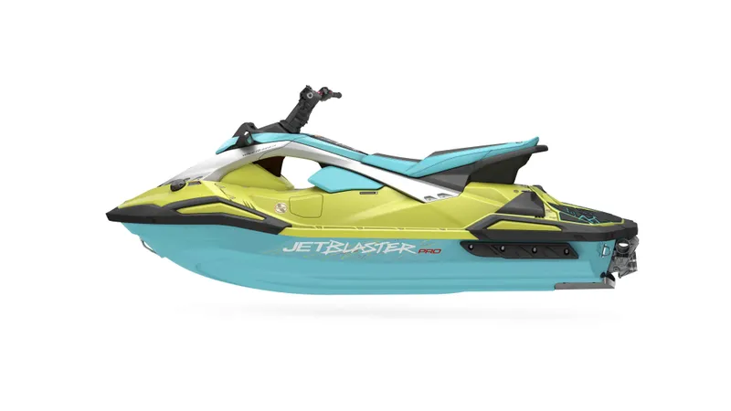 Slide: The Image of 2025 Waverunner JETBLASTER PRO 3UP, vibrant green and blue jet ski, side view. - 5