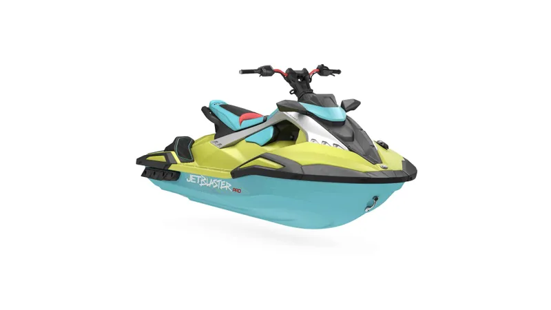 Slide: The Image of 2025 Waverunner JETBLASTER PRO 3UP, vibrant yellow and blue jet ski, side view. - 8