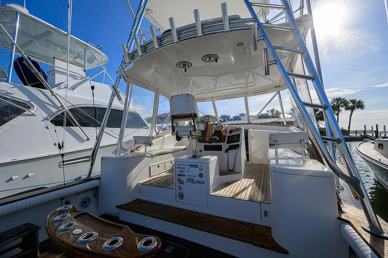 Slide: The Image of 2008 Jersey Cape Devil 36 boat with spacious deck and seating, docked under clear blue sky. - 28