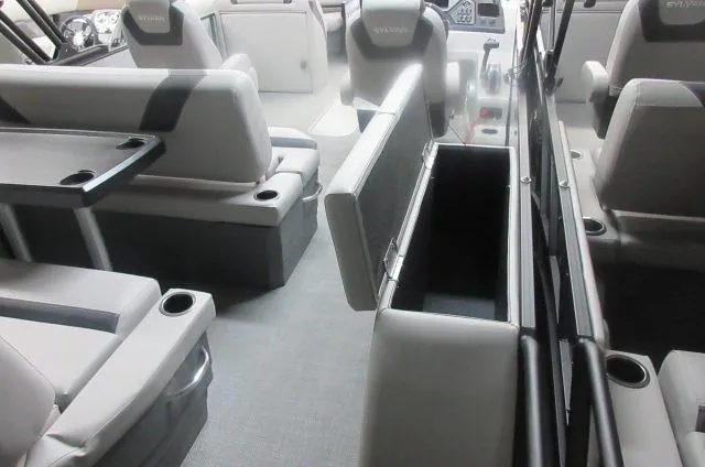 Slide: The Image of Interior of 2025 Sylvan L3 DLZ boat with seating and storage compartments. - 7