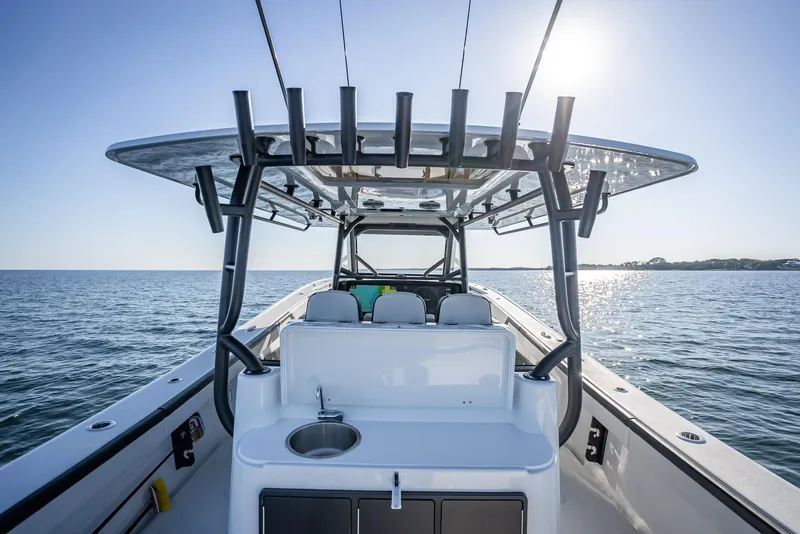 Slide: The Image of 2024 Yellowfin 42 boat on open water, featuring a sleek design and modern amenities. - 44