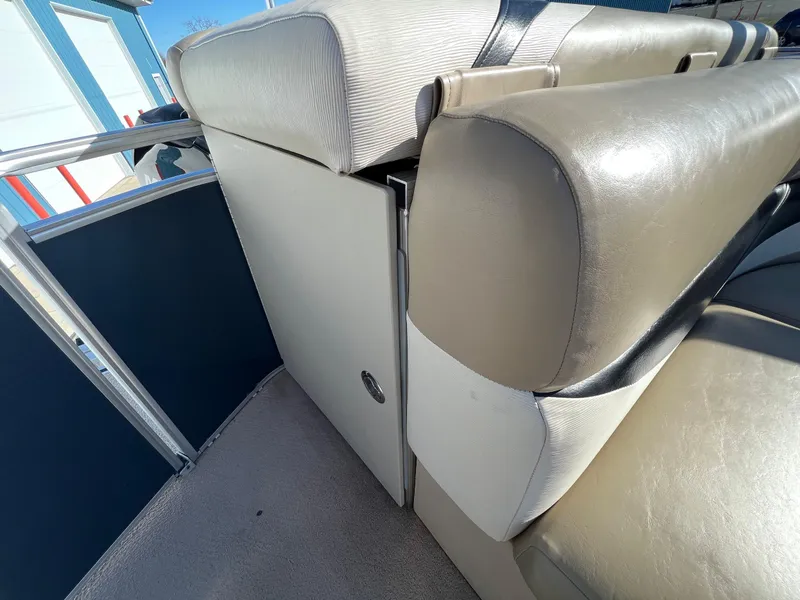 Slide: The Image of 2013 Harris FloteBote Cruiser interior seating with beige upholstery. - 19