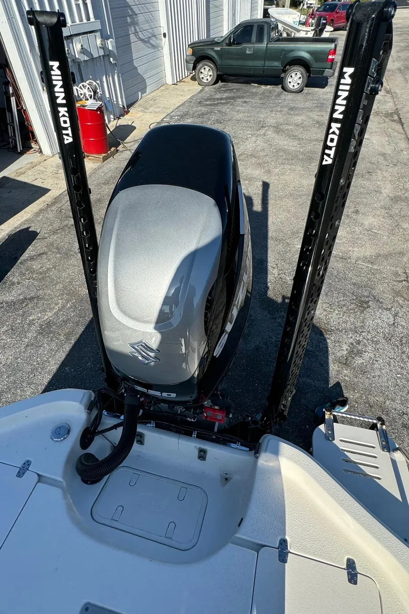 Slide: The Image of 2021 Sea Chaser 26LX boat with Minn Kota trolling motor, viewed from above. - 12