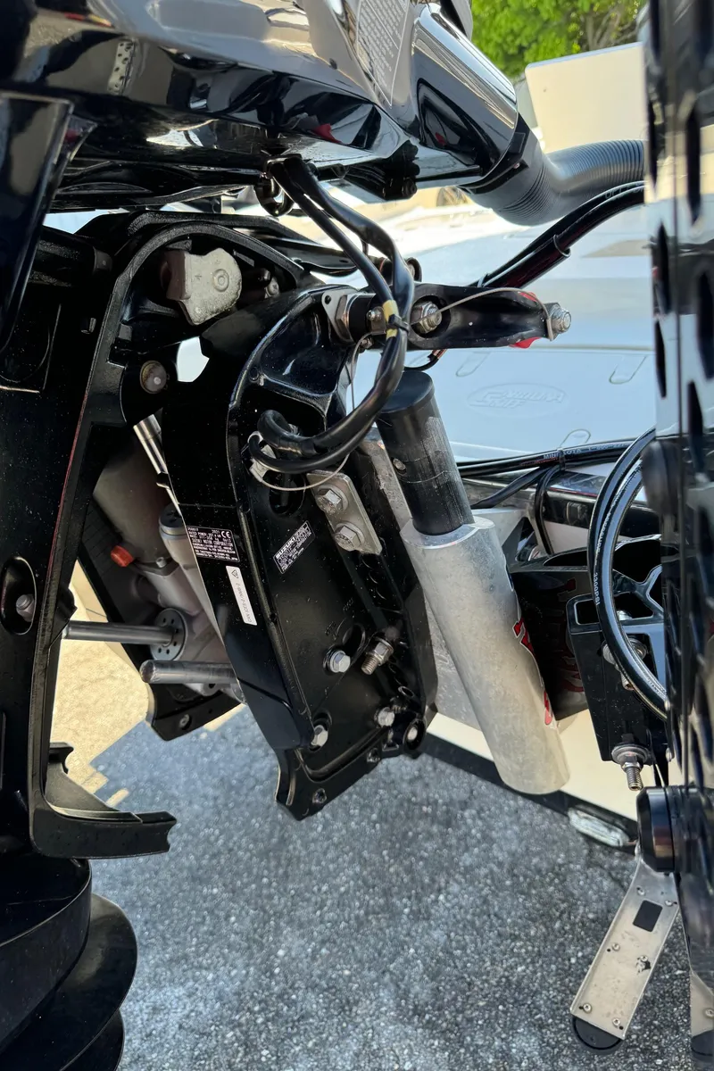 Slide: The Image of Close-up of a 2021 Sea Chaser 26LX boat engine components and wiring. - 41