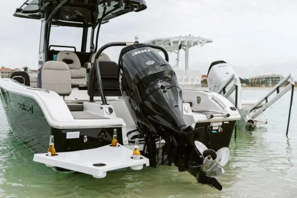 Slide: The Image of 2025 Sea Pro 245 FLX boat with powerful outboard motor in shallow water. - 6