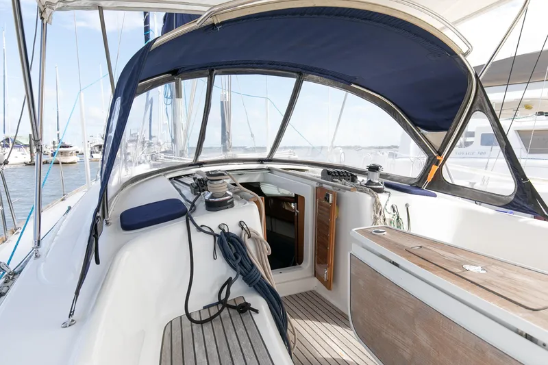 Slide: The Image of Beneteau 43 sailboat cockpit, 2008 model, featuring a spacious and well-equipped helm area. - 21
