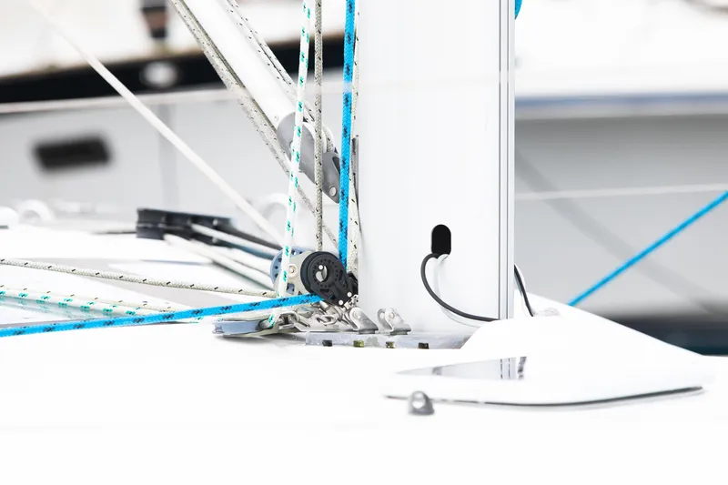 Slide: The Image of Close-up of 2008 Beneteau 43 sailboat rigging and mast details. - 27