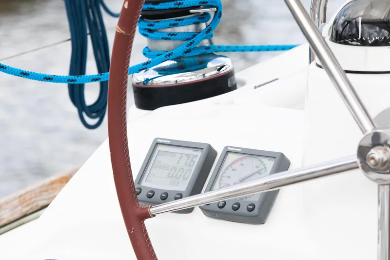 Slide: The Image of Close-up of Beneteau 43 yacht's steering wheel and navigation instruments, 2008 model. - 29